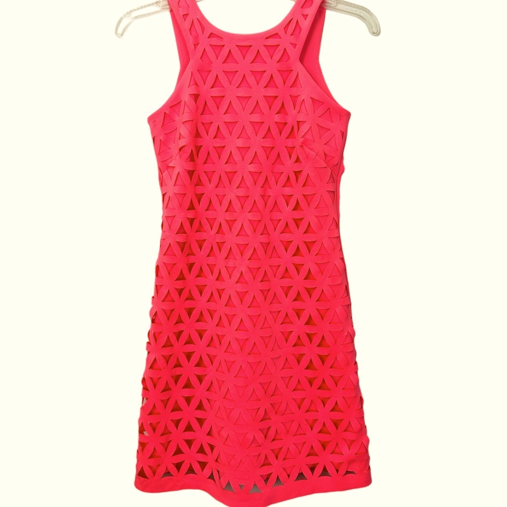 Lilly Pulitzer Shift Dress XXS Neon Orange Sun Ray Daisy Laser Cut Scuba Ponte